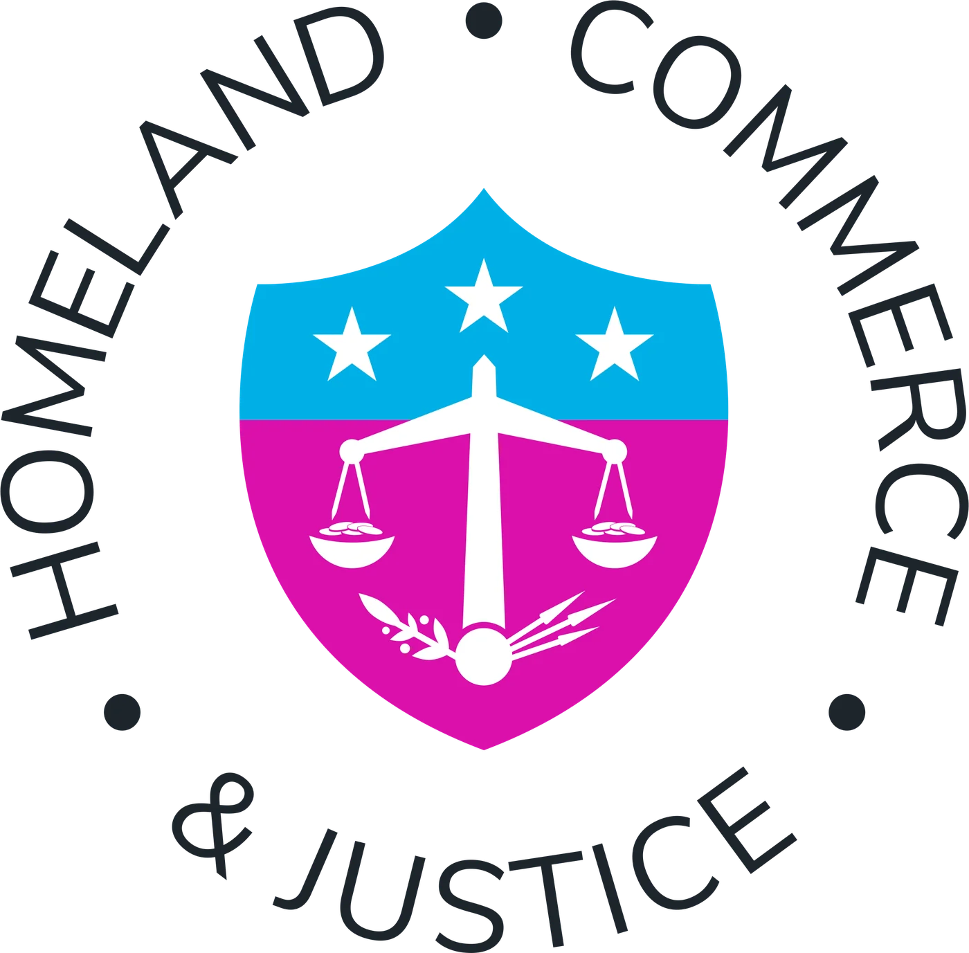 Homeland, Commerce & Justice portfolio seal with a scales-of-justice shield