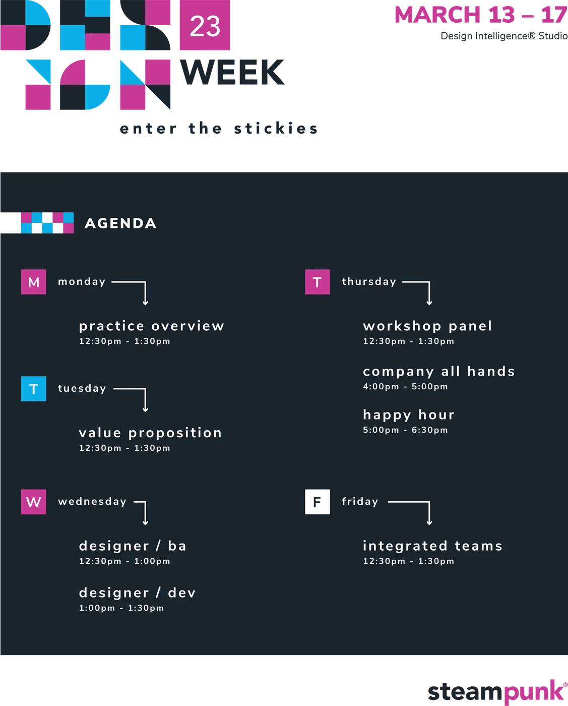 Design Week agenda poster listing the week's sessions