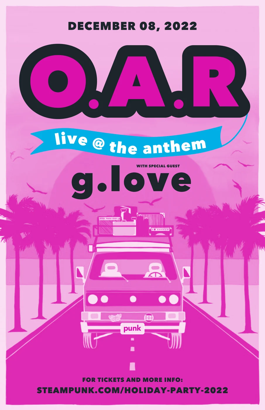 O.A.R. live at The Anthem with G. Love holiday party poster in pink, a vintage car driving through palm trees