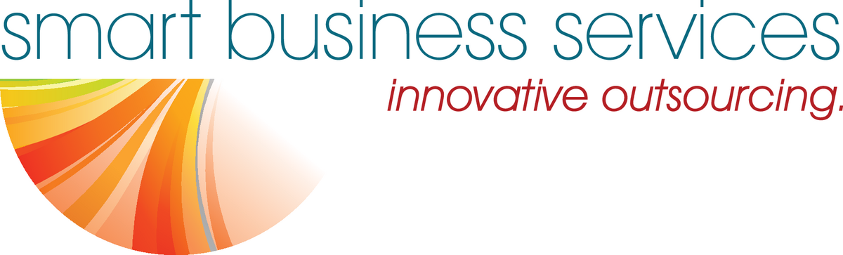 Smart Business Services logo: a lowercase teal wordmark, the red tagline "innovative outsourcing.", and a fan of yellow, orange, and red rays