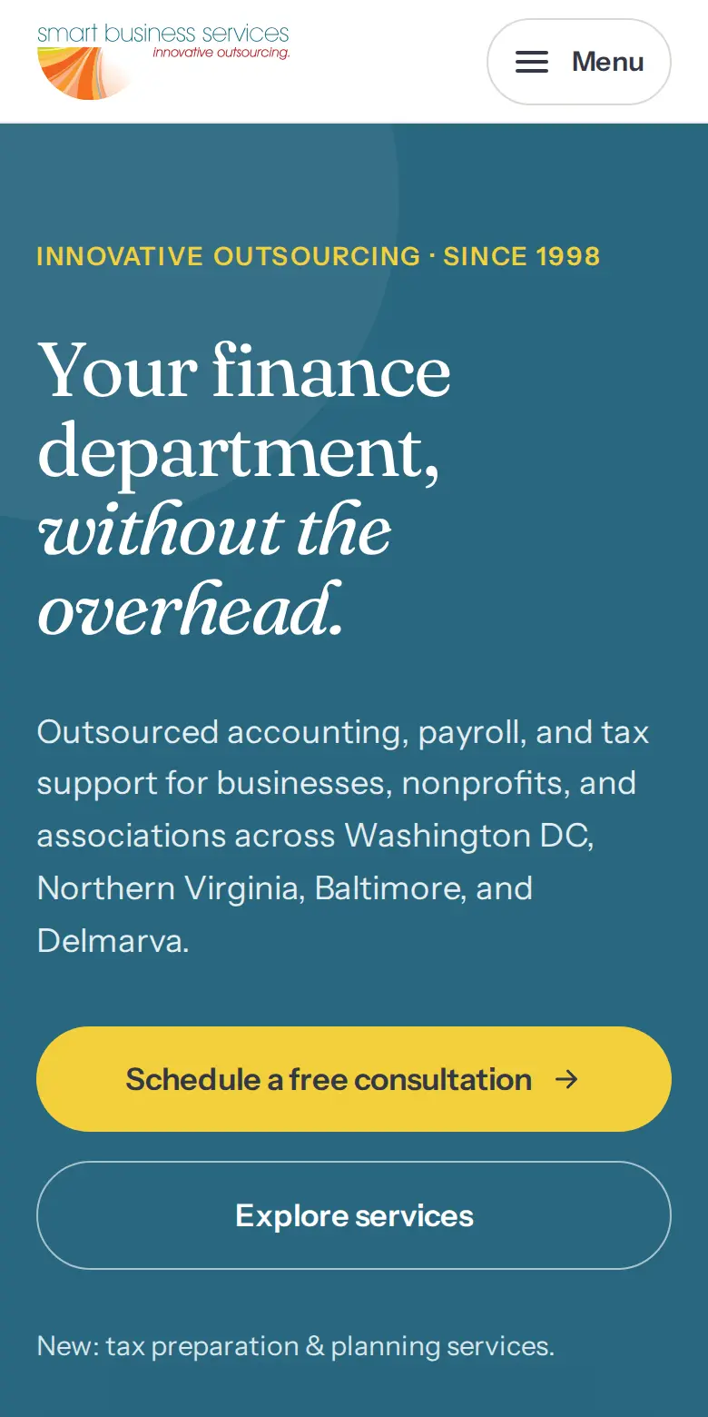 SBS Nova home page on mobile, with the headline "Your finance department, without the overhead" on teal and a gold consultation button
