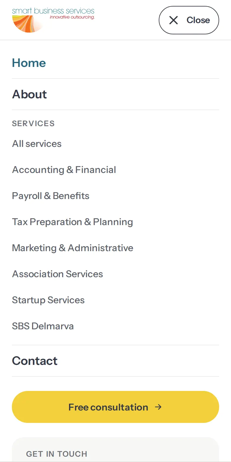 SBS Nova mobile menu listing Home, About, every service, and Contact, with a gold Free consultation button
