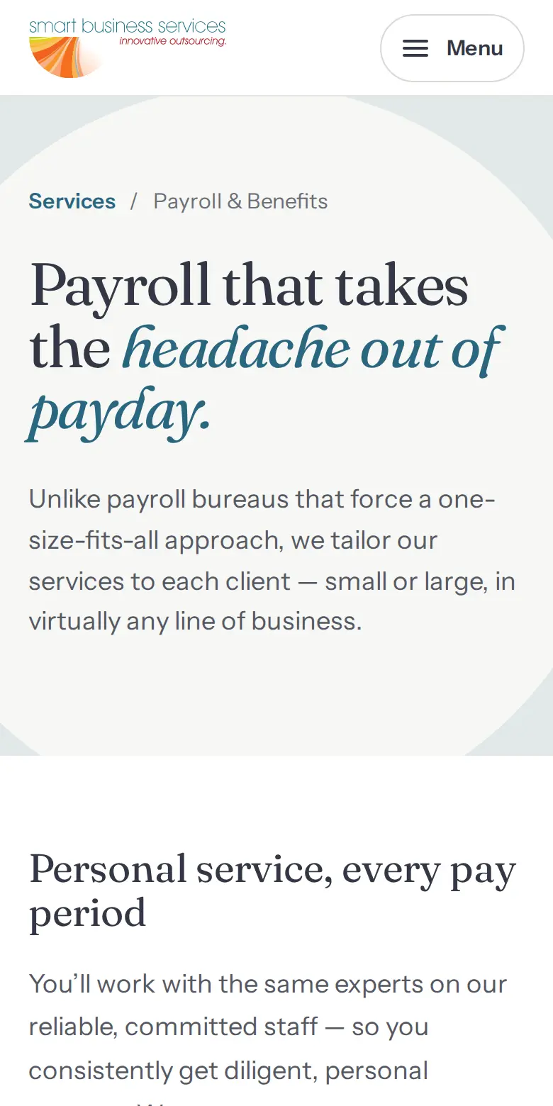 SBS Nova Payroll and Benefits page on mobile, with the headline "Payroll that takes the headache out of payday"