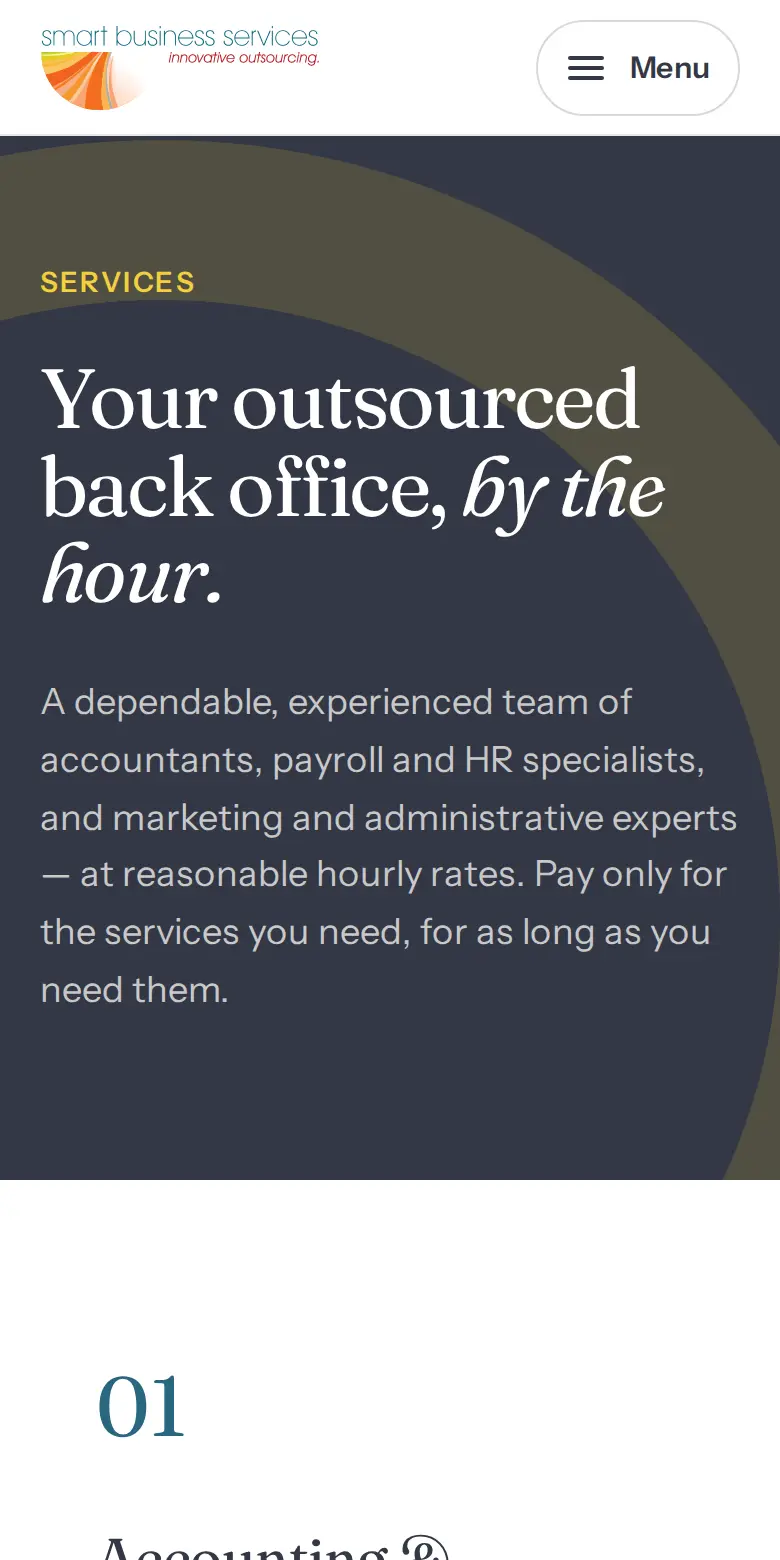 SBS Nova services page on mobile, with the headline "Your outsourced back office, by the hour" on charcoal