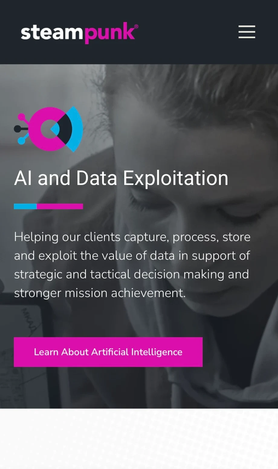 Steampunk AI and Data Exploitation page on mobile, with the capability icon over a black-and-white photo and a pink call-to-action button