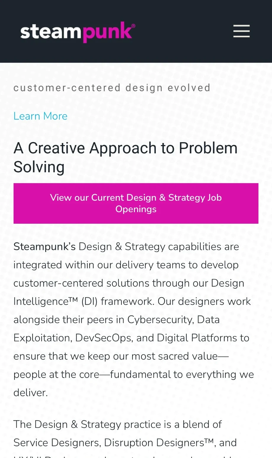 Steampunk Design and Strategy page on mobile, with a pink job openings button above the practice description