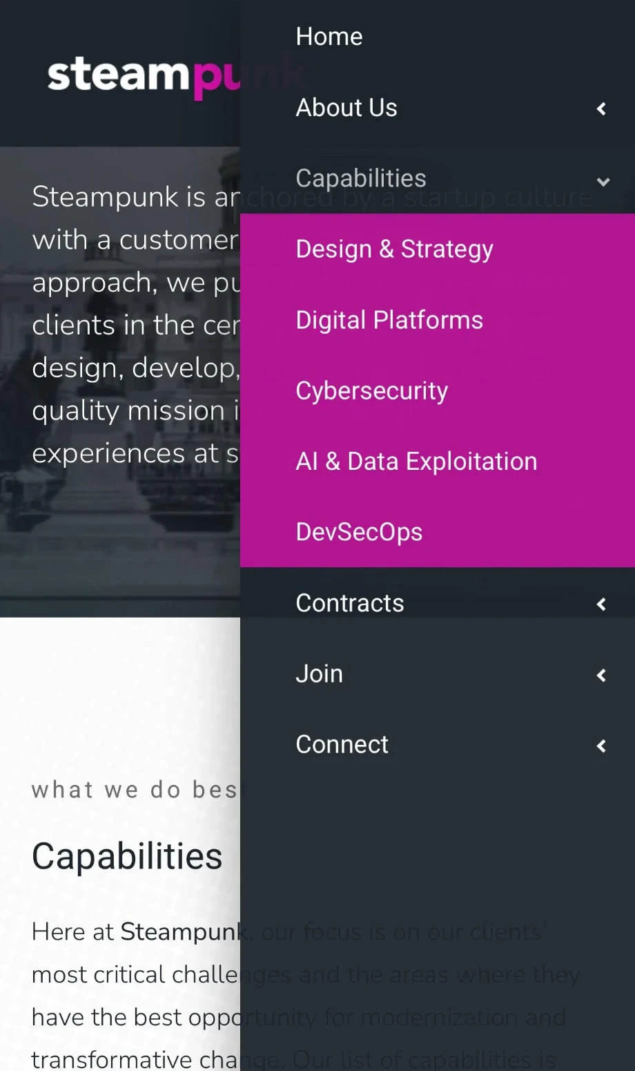 Steampunk mobile navigation menu with the Capabilities section expanded in pink