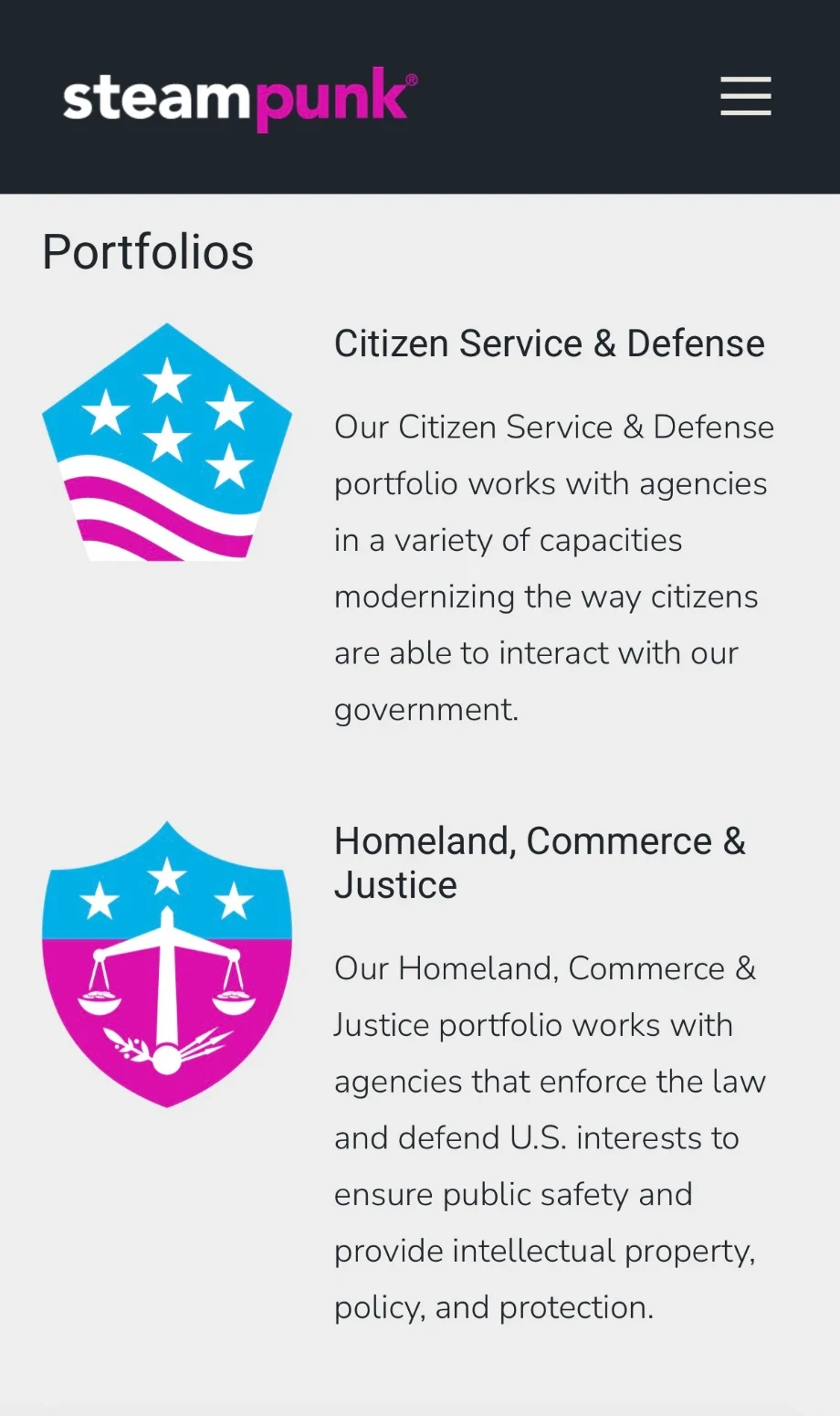 Steampunk Portfolios section on mobile, showing the Citizen Service and Defense and Homeland, Commerce and Justice seals