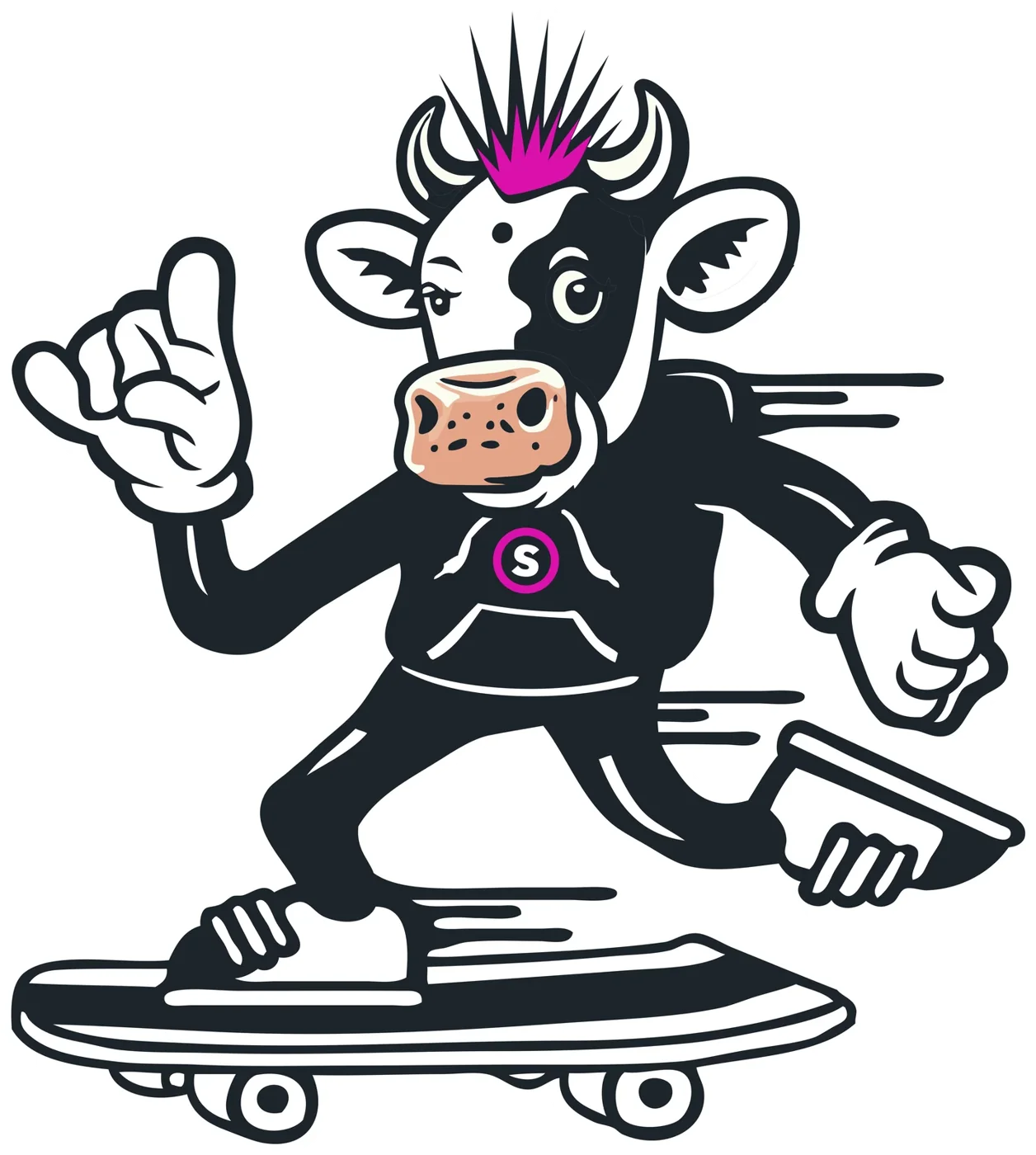 Punk cow mascot with a magenta mohawk riding a skateboard and throwing a shaka