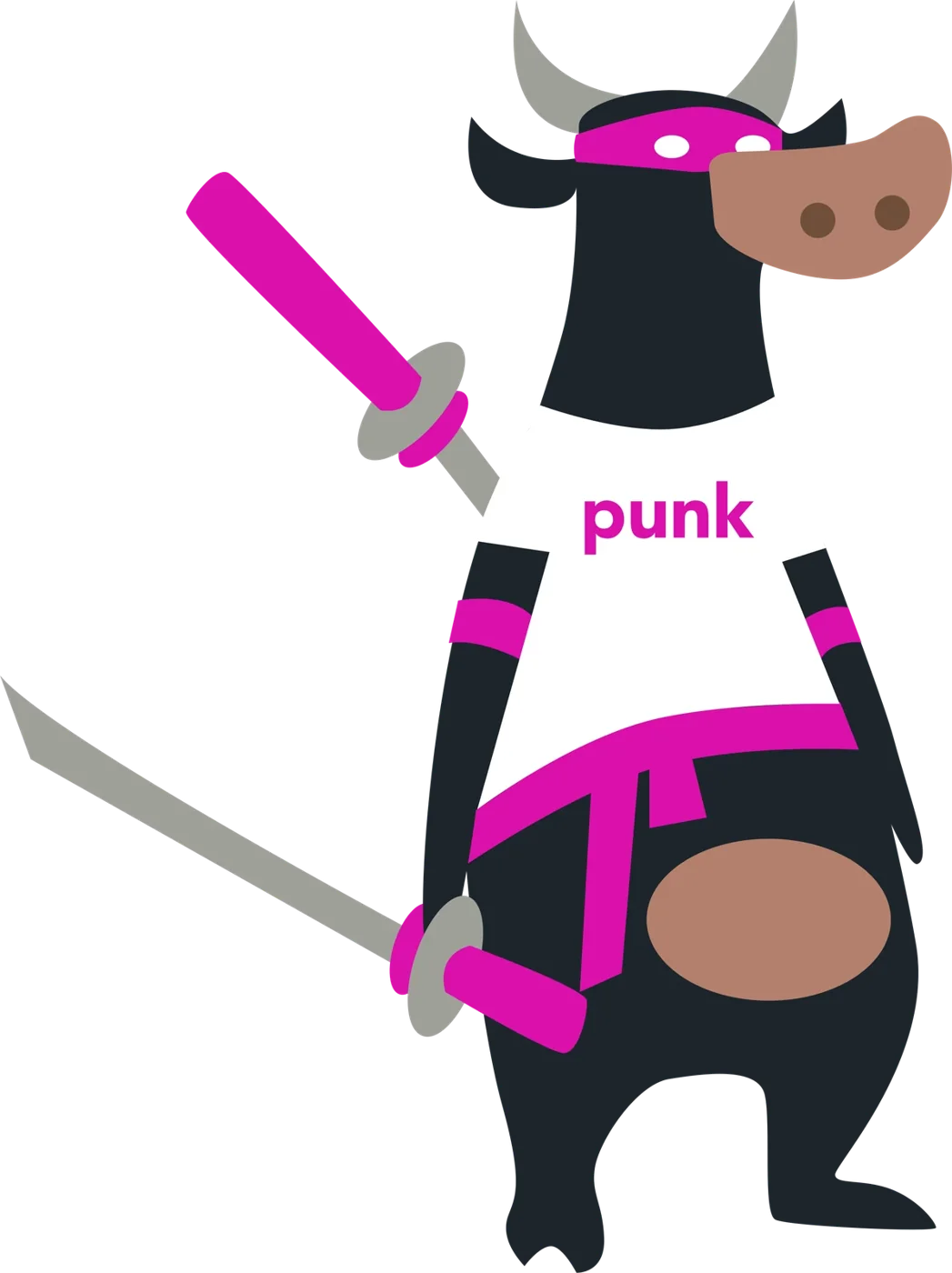 Cowapunka: the cow mascot as a ninja with two swords and a punk tee