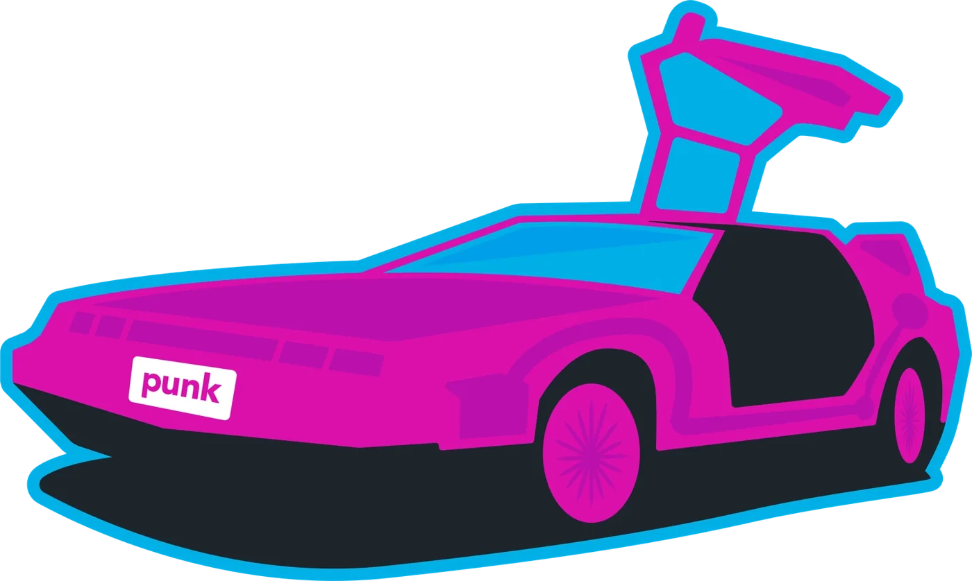 Magenta DeLorean sticker with gull-wing door open and a punk license plate