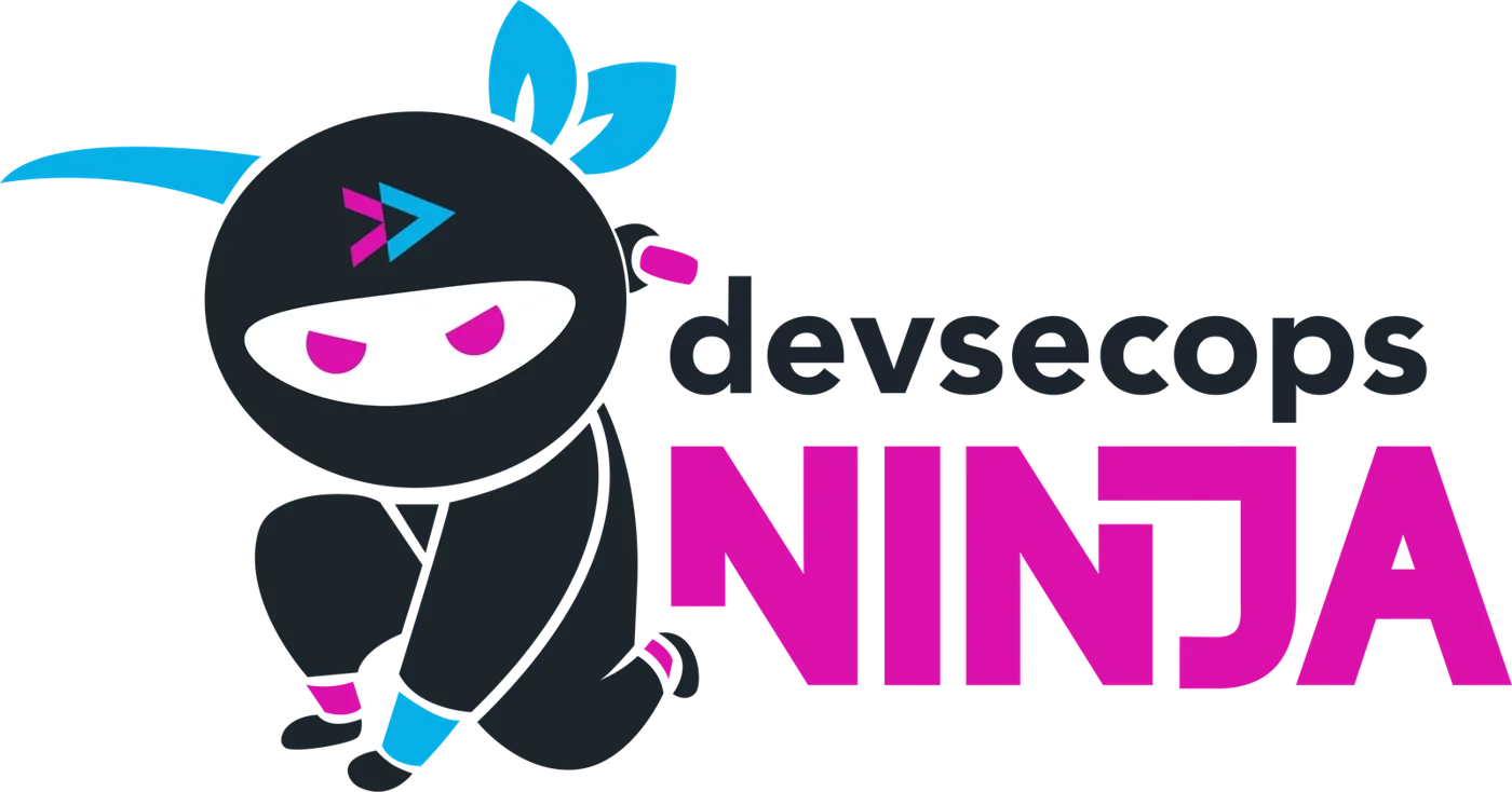 DevSecOps Ninja lockup with a crouching ninja mascot