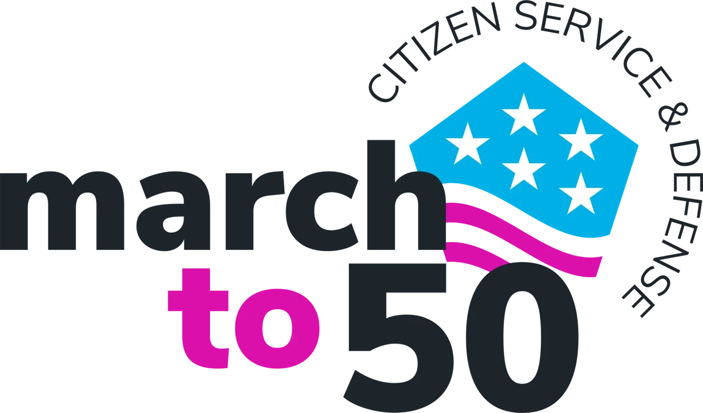 March to 50 wordmark with a flag badge, circled by Citizen Service & Defense
