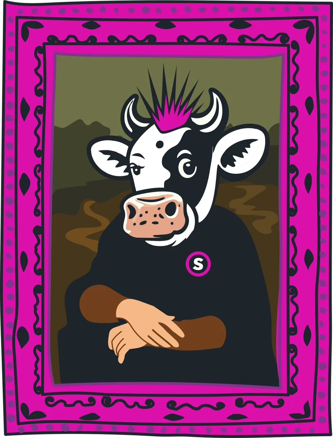 Mooonalisa: the punk cow mascot posed as the Mona Lisa in a magenta frame