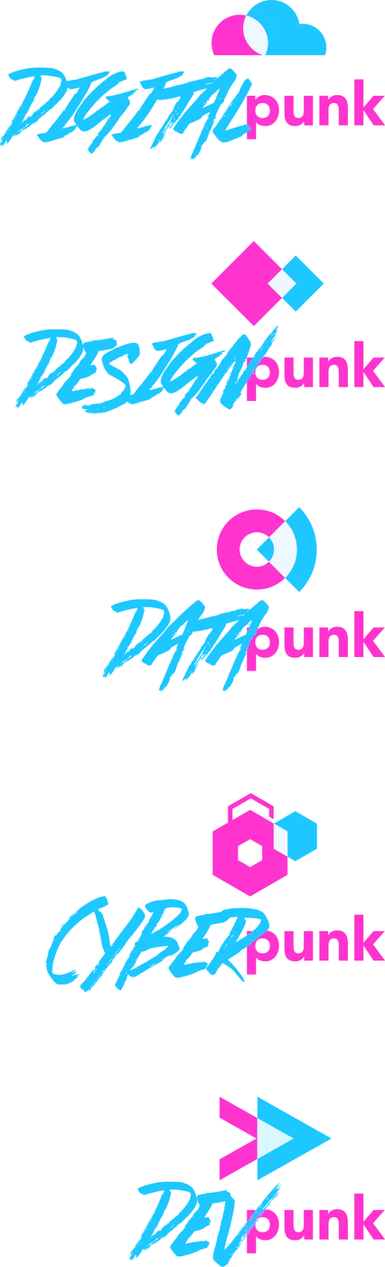 Shirt graphic stacking the Digital, Design, Data, Cyber and Dev punk practice marks on black