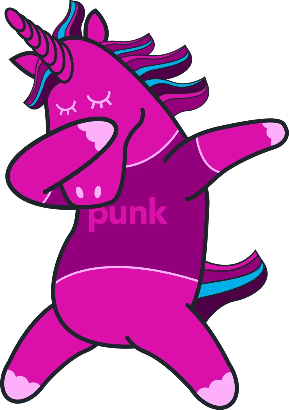 Magenta unicorn in a punk hoodie mid-dab