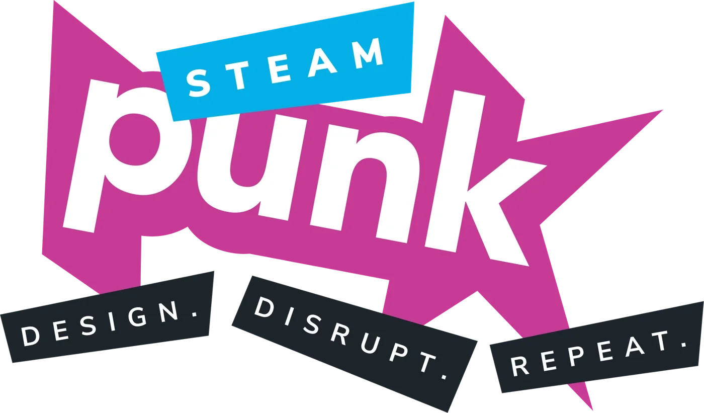 Steam Punk starburst badge with Design. Disrupt. Repeat. ribbons