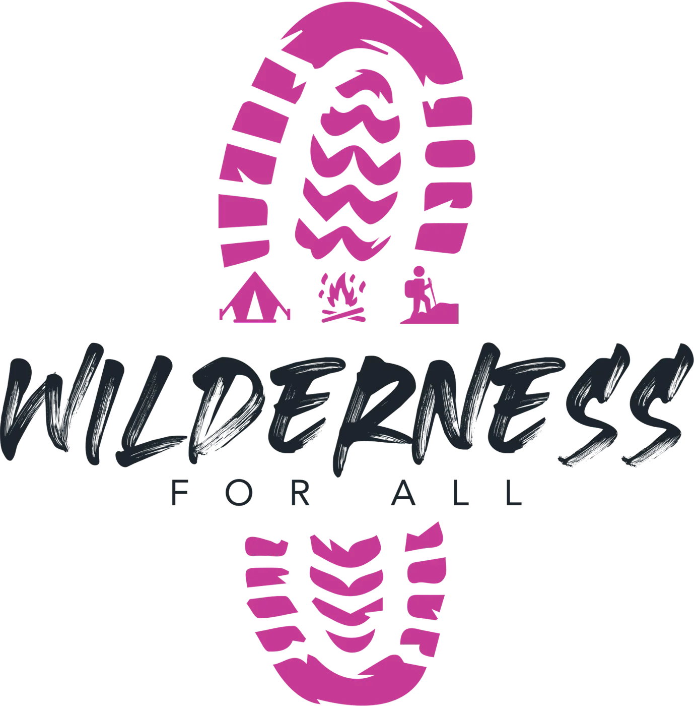 Wilderness For All wordmark over a magenta boot print