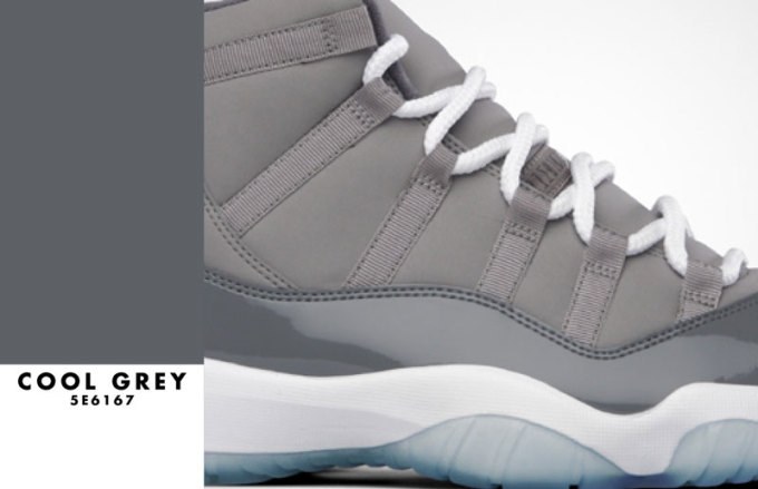 Cool Grey swatch (#5E6167) beside a close-up of a grey sneaker with white laces