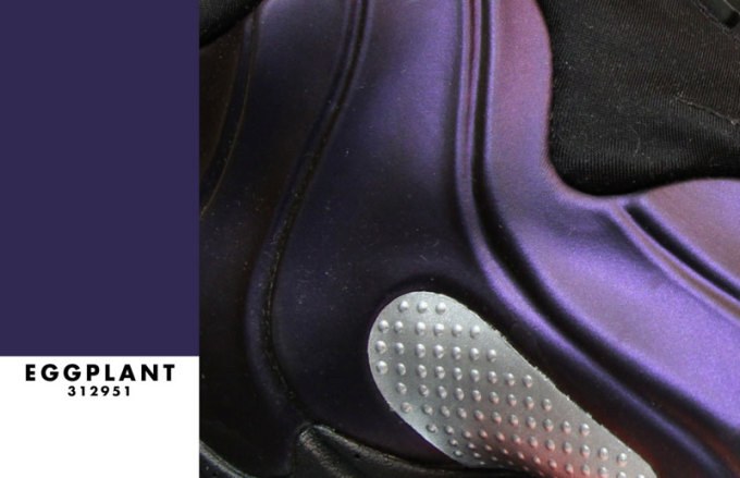 Eggplant swatch (#312951) beside a close-up of an iridescent purple molded sneaker