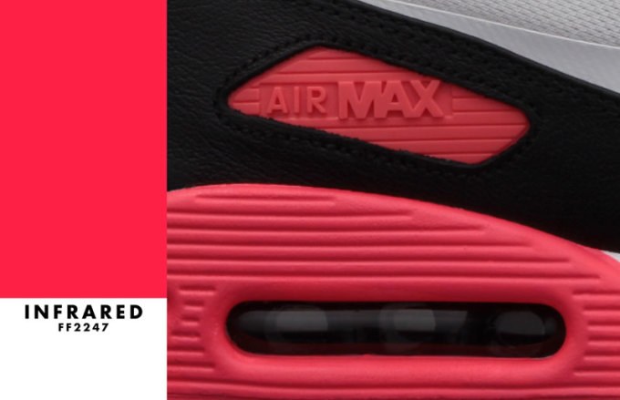 Infrared swatch (#FF2247) beside a close-up of an infrared Air Max sole and window