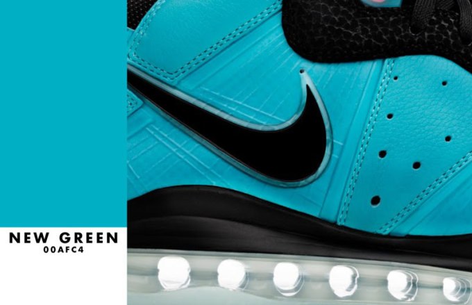 New Green swatch (#00AFC4) beside a close-up of a teal sneaker with a black swoosh
