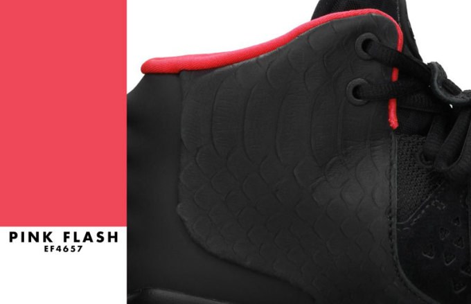 Pink Flash swatch (#EF4657) beside a close-up of a black sneaker with pink trim