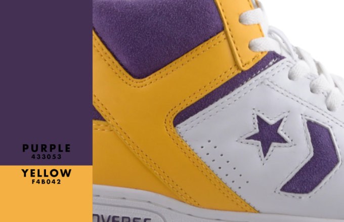 Purple & Yellow swatch (#433053 and #F4B042) beside a close-up of a purple, yellow and white high-top