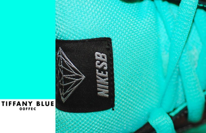 Tiffany Blue swatch (#00FFEC) beside a close-up of a teal sneaker tongue with a diamond label