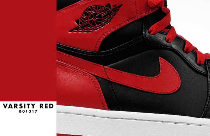 Varsity Red swatch (#B01317) beside a close-up of a red and black high-top