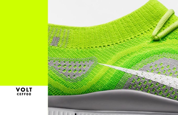 Volt swatch (#CEFF00) beside a close-up of a neon yellow-green knit sneaker